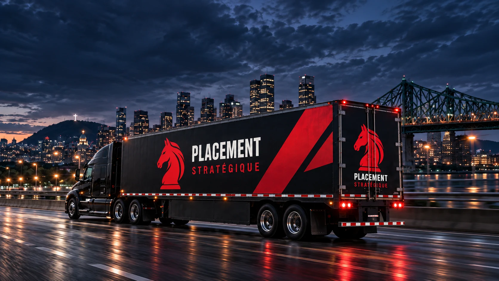 Simulation d’un ensemble tracteur et semi-remorque Placement Stratégique noir et rouge devant Montréal, à la tombée du jour.